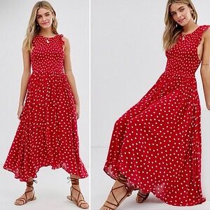 Free People Chambray Butterflies Midi Dress Sz SMALL Color Red/White Polka Dot